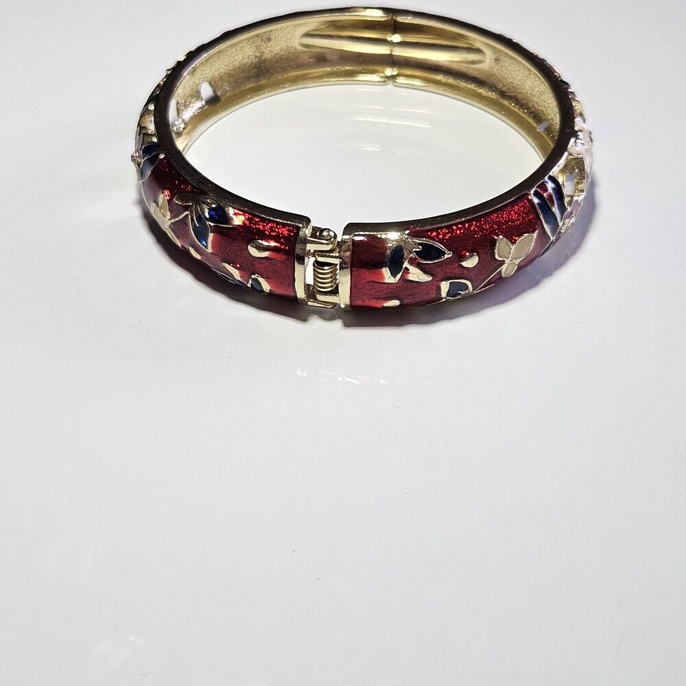 *Sale* Jiu Long Xing Gold Tone Red Blue Cloisonne Flower Hinged Bracelet 7.5" - Picture 12 of 14